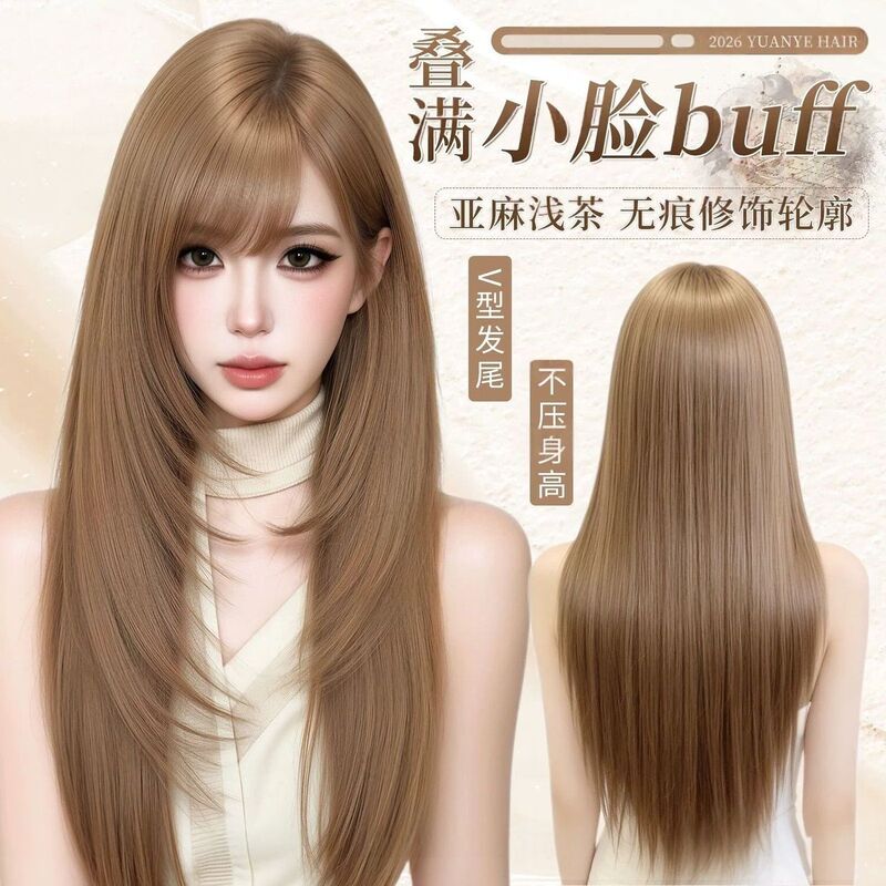 Full Head Wig for Women, Realistic Linen Light Tea Color, High-End Long Straight Hair, V-Shaped Hair Net, Face-Slimming, Seamless, Sweet and Cool Wig Full Head Wig for Women, Realistic Linen Light Tea Color, High-End Long Straight Hair, V-Shaped Hair Net, Face-Slimming, Seamless, Sweet and Cool Wig