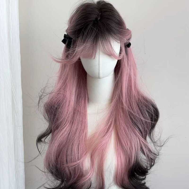 【Pink Siamese Cat】Wig for Women, Long Hair, Pink Gradient to Black, High-End Realistic Long Curly Hair Full Wig