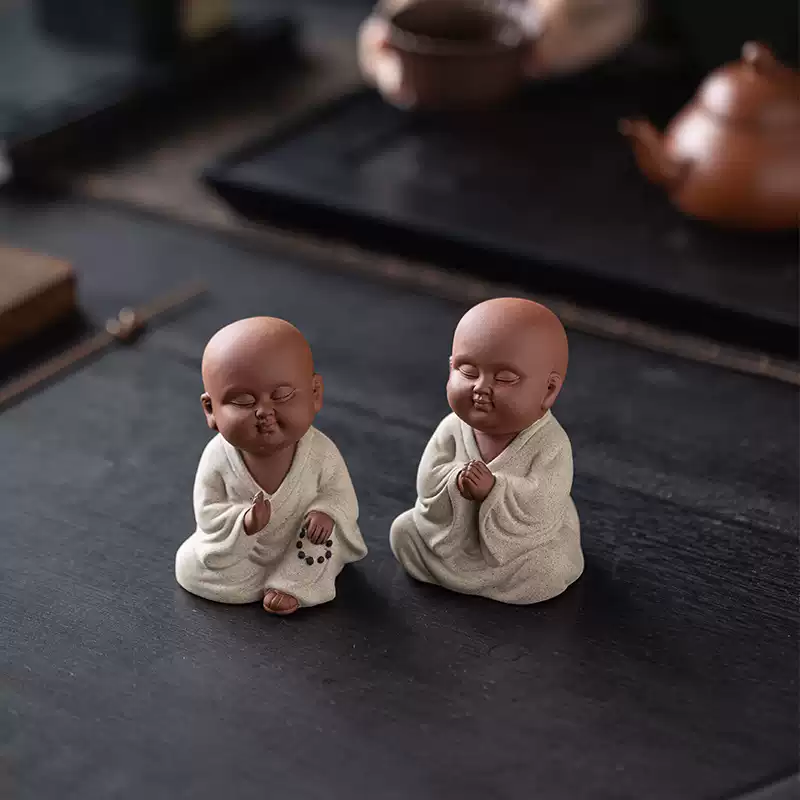 中式禅意紫砂小和尚茶宠摆件陶瓷人物佛系可爱小沙弥茶台造景摆设-淘宝
