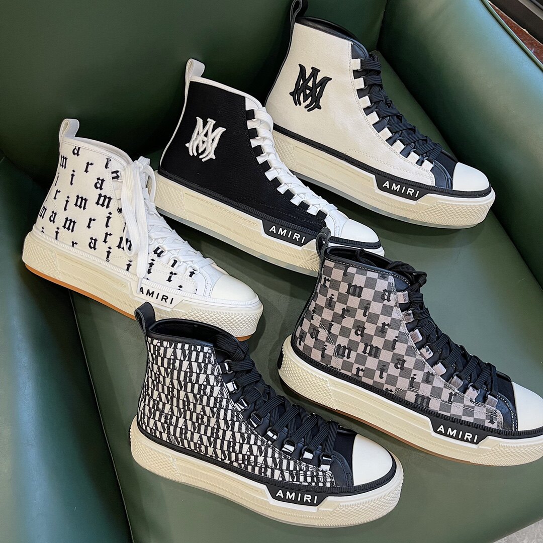 European station high luxury letter AMIRI embroidery casual shoes high tube flat shoes canvas shoes leather skeleton men's shoes
