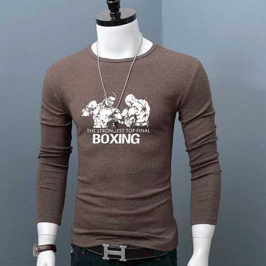 长袖T恤圆领男青年棉质百搭打底衫简约修身弹力体恤潮流印花青春