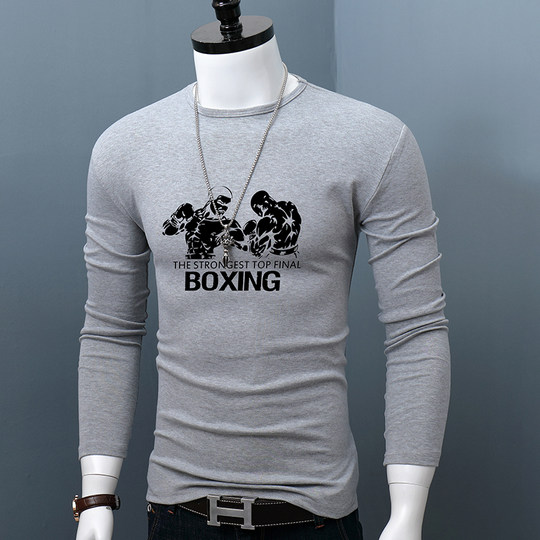 长袖T恤圆领男青年棉质百搭打底衫简约修身弹力体恤潮流印花青春