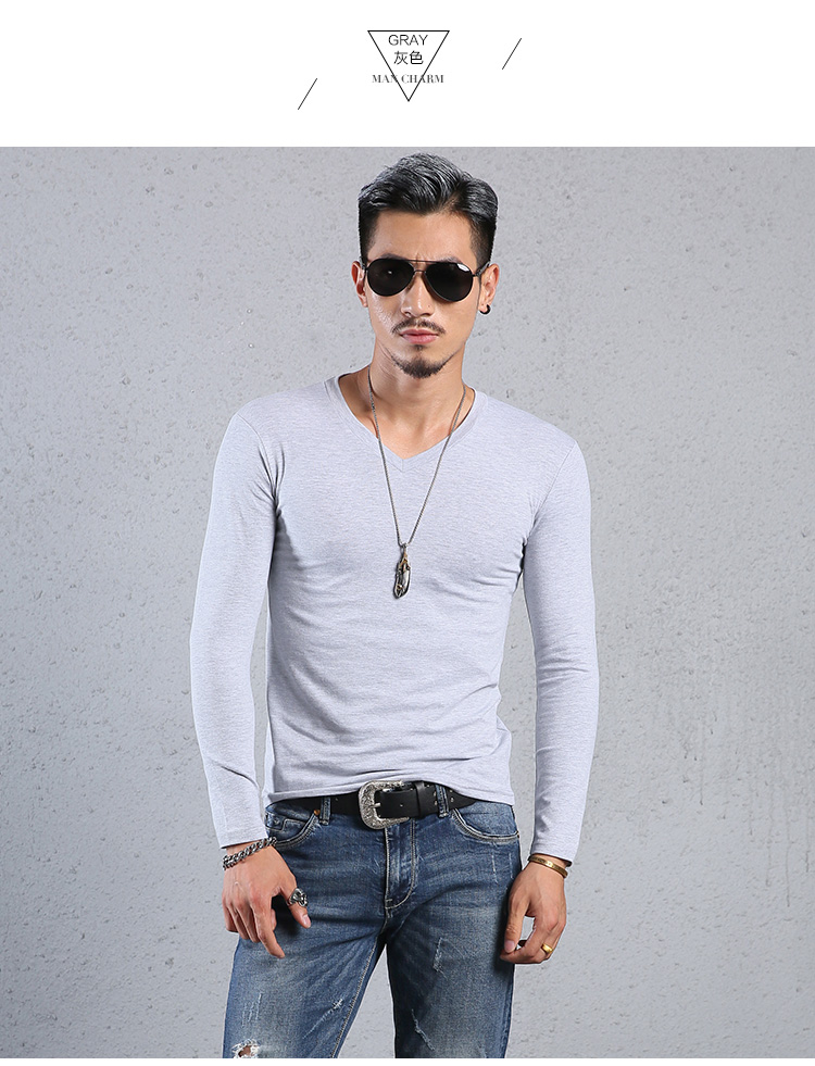 Mùa thu Modal cổ chữ V dài tay cho nam kiểu dáng bó sát Slim phiên bản Hàn Quốc mặc áo sơ mi thể thao áo phông nam