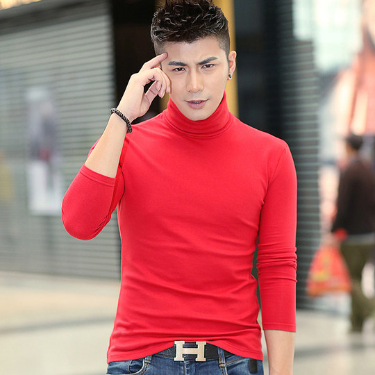 Original autumn Korean style men's bright red turtleneck long-sleeved T-shirt trendy slim casual top bottoming shirt T-shirt