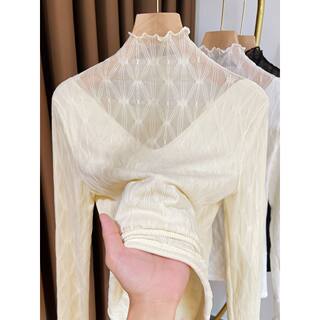 秋冬半高领蕾丝打底衫女加绒加厚2025新款高级感网纱叠穿内搭小衫