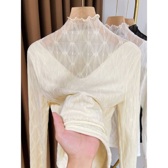 秋冬半高领蕾丝打底衫女加绒加厚2025新款高级感网纱叠穿内搭小衫