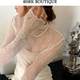 2024 French jacquard half turtleneck lace shirt thin see-through sexy mesh Foreign style slim long-sleeved top