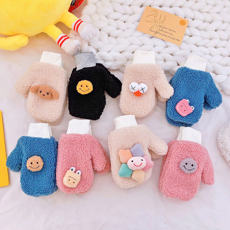 Korean version of autumn and winter women's gloves girl heart plush teddy fur thickened warm hanging neck gloves even finger students big eyes