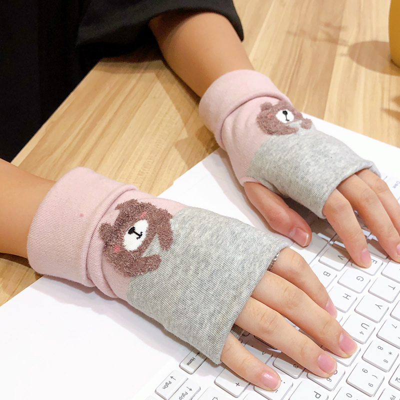 Half-finger gloves women's autumn and winter warm and cute woolen women's short paragraph student writing leakage finger knitted gloves striped riding