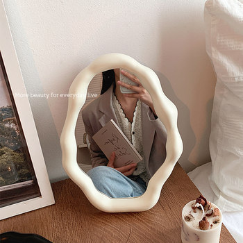 Ins style small mirror, dressing and makeup mirror, desktop work station, office desktop, photo decoration and layout props, can be stood up