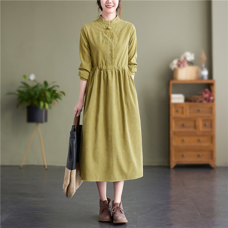 High-End Spring and Autumn New Style Artistic Retro Button-Up Stand Collar Loose Casual Versatile Corduroy Shirt Dress