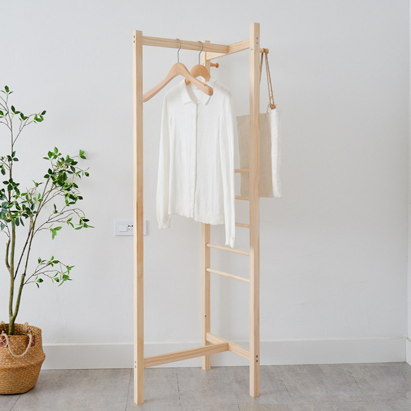 Net Red Japanese style solid wood cloister with floor bedroom entrance corner hanging clothes hanger Easy hanger pants frame combined shelf