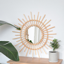 Porch bedroom living room mirror rattan makeup mirror vanity mirror residential hotel creative round mirror wall decoration hanging mirror