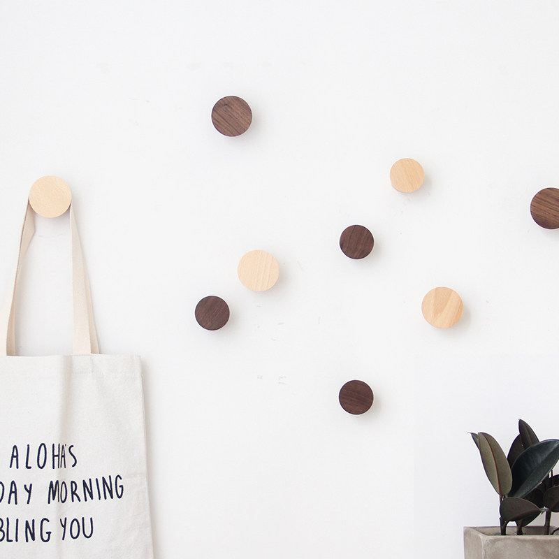Nordic wood hook wall hanging wall solid wood porch coat round creative cute hanger free punch clothes wall
