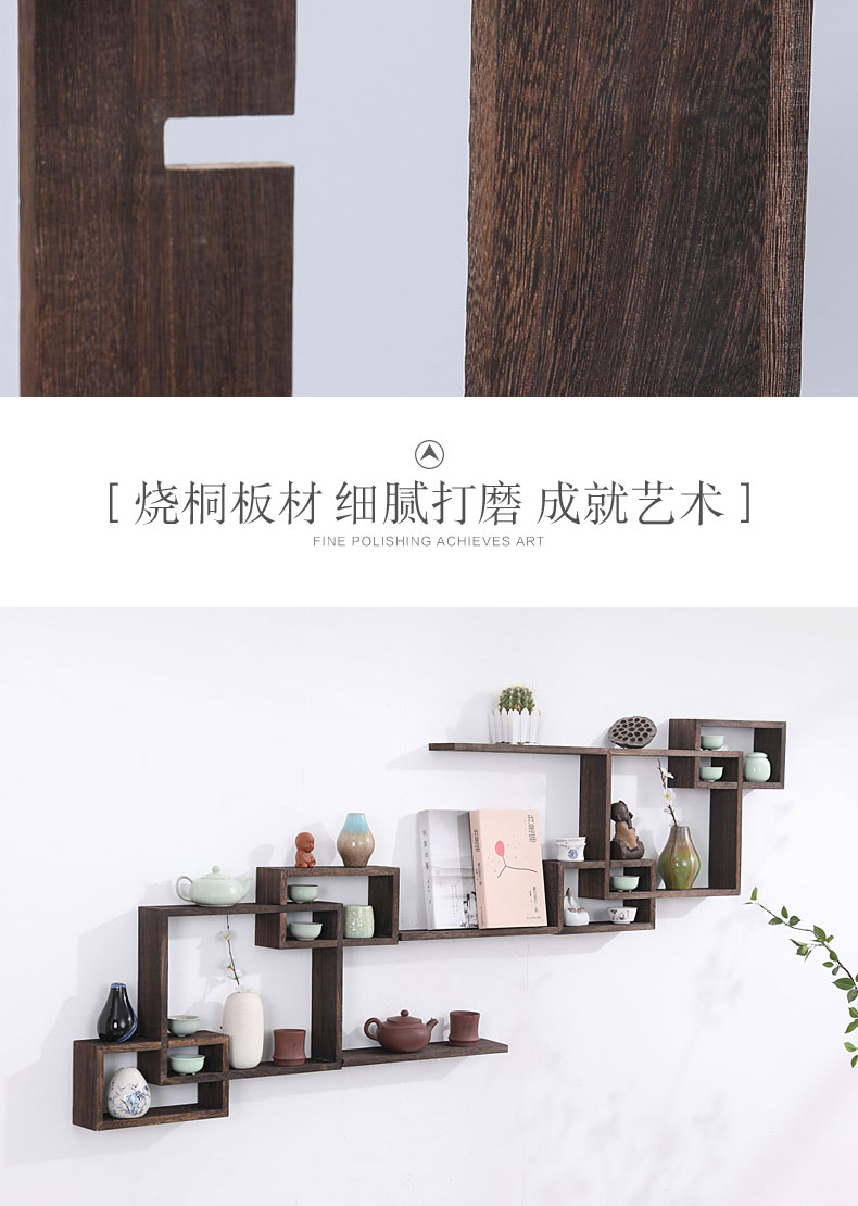 Kệ gỗ treo tường phòng khách treo tường vách ngăn kệ sách kệ sách phong cách Trung Quốc thêm kho báu ấm trà giá - Kệ kệ để sách treo tường