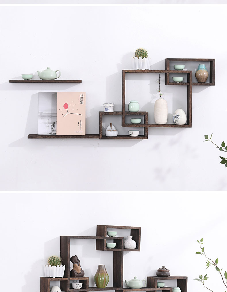 Kệ gỗ treo tường phòng khách treo tường vách ngăn kệ sách kệ sách phong cách Trung Quốc thêm kho báu ấm trà giá - Kệ kệ để sách treo tường