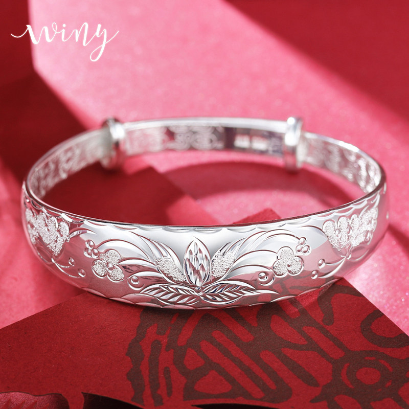 Winy9999 pure silver bracelet female send grandma mother's foot silver bracelet son Mudan flowers solid silver bracelet silver decoration gift