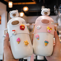 Cartoon Insulation Cup Woman Cute Straw Cup 304 Stainless Steel Cup Brief Outdoor Kettle Portable Student Water Cup