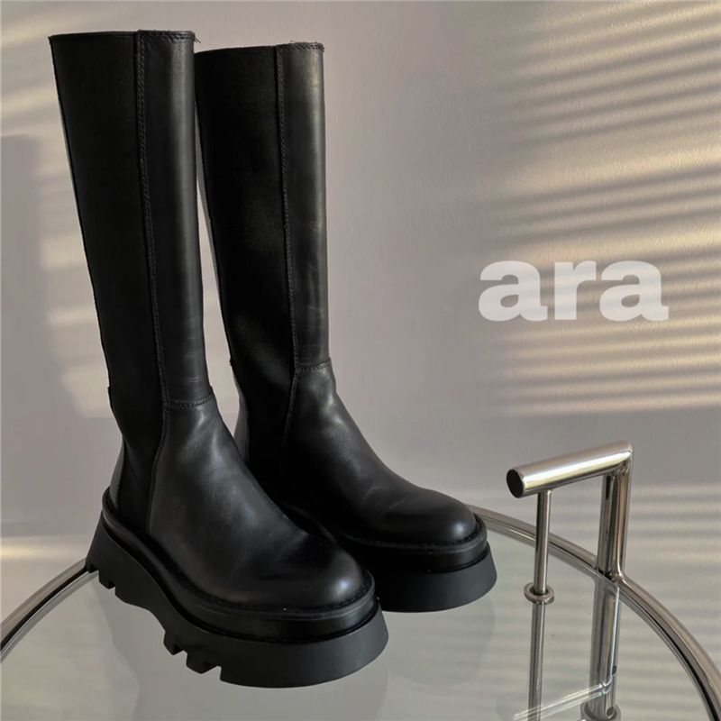 ZAR 2021 new female Inron wind small tall cylinder boot thick bottom round midcylinder rider genuine leather slim slim boot
