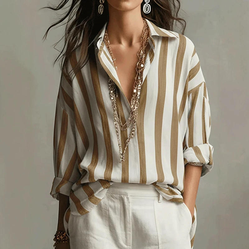 New European and American Cross-Border Amazon Independent Site 2026 Spring, Summer, Autumn Women's Striped Turn-Down Collar Loose Fashion Shirt for Women New European and American Cross-Border Amazon Independent Site 2026 Spring, Summer, Autumn Women's Striped Turn-Down Collar Loose Fashion Shirt for Women