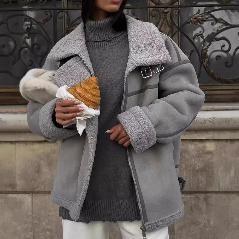 One-Piece Lambswool Coat with Amazon European and American Design Elements, Patchwork Street Biker Style Cotton Wool Coat, Medium Size One-Piece Lambswool Coat with Amazon European and American Design Elements, Patchwork Street Biker Style Cotton Wool Coat, Medium Size