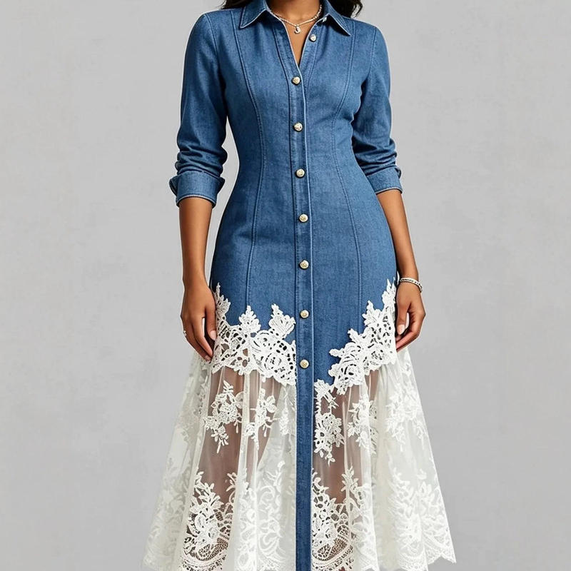 Cross-Border Hot-Selling Dress: Gentle Denim with Lace Patchwork, Turn-Down Collar, Buttoned Waist, Vintage Mid-Length Shirt Dress Cross-Border Hot-Selling Dress: Gentle Denim with Lace Patchwork, Turn-Down Collar, Buttoned Waist, Vintage Mid-Length Shirt Dress