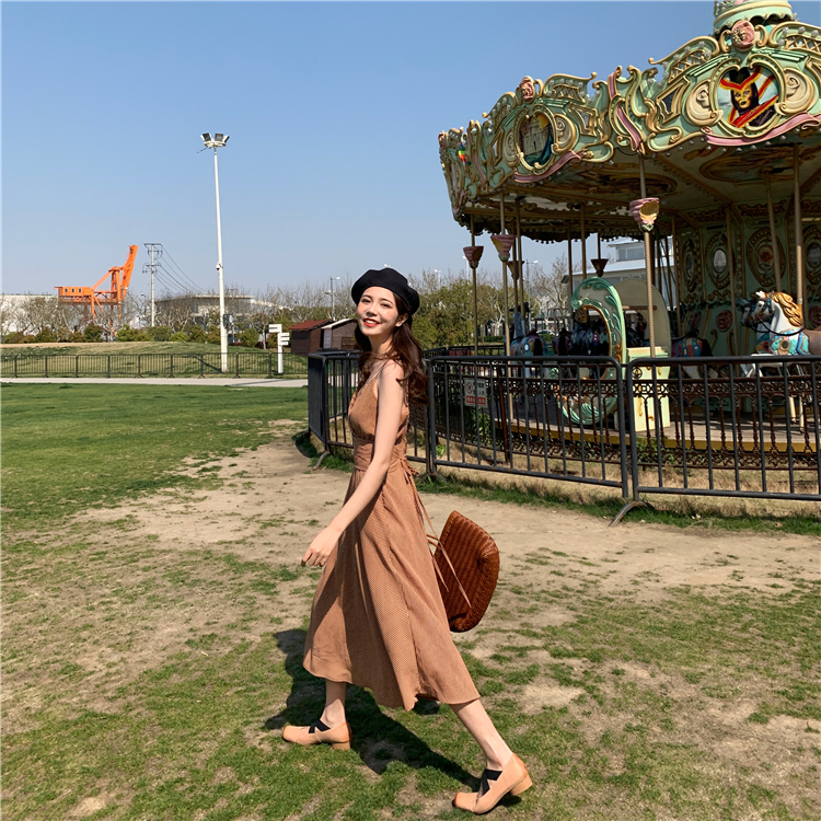 VK旗艦店 復古氣質條紋V領吊帶長裙無袖洋裝