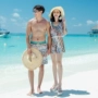 Thời trang cặp đôi đồ bơi một mảnh váy phẳng góc thép hỗ trợ ngực nhỏ tụ tập che bụng thon gọn nữ áo tắm nam quần đi biển - Vài đồ bơi 	đồ đôi đi biển màu xanh
