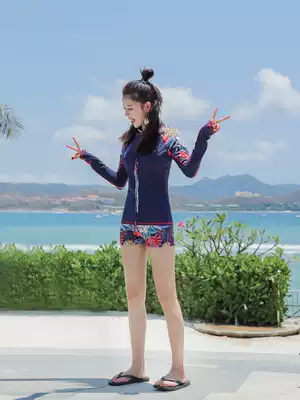 Conservative ins Wind swimsuit Women's Small breasts gather two-piece flat corner long sleeved sunscreen belly slim beach swimsuit