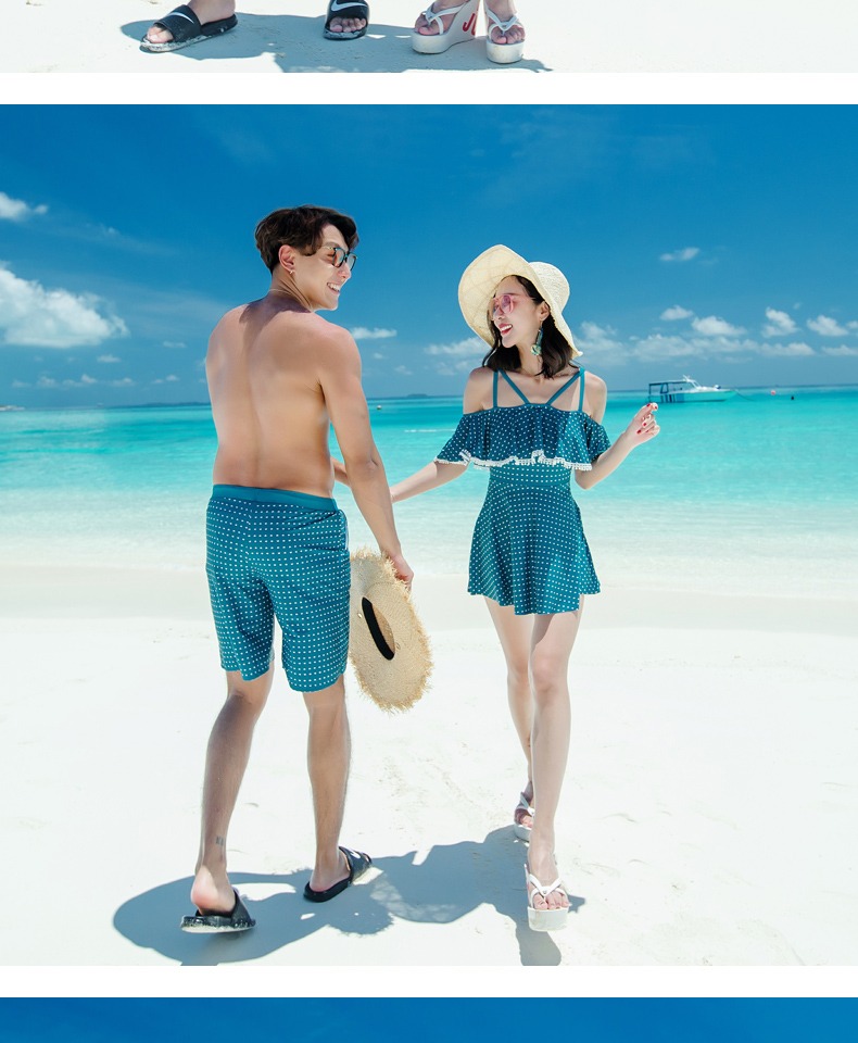 Thời trang cặp đôi đồ bơi mới một mảnh kiểu váy phẳng góc bụng giảm béo đồ bơi nữ đẹp trai thoải mái quần đi biển - Vài đồ bơi đồ đôi trắng đi biển	