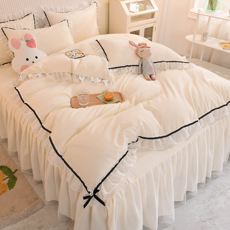 Little Red Book recommends girly heart bed skirt four-piece princess style pure cotton cotton bed sheet quilt cover thickened beige bed cover