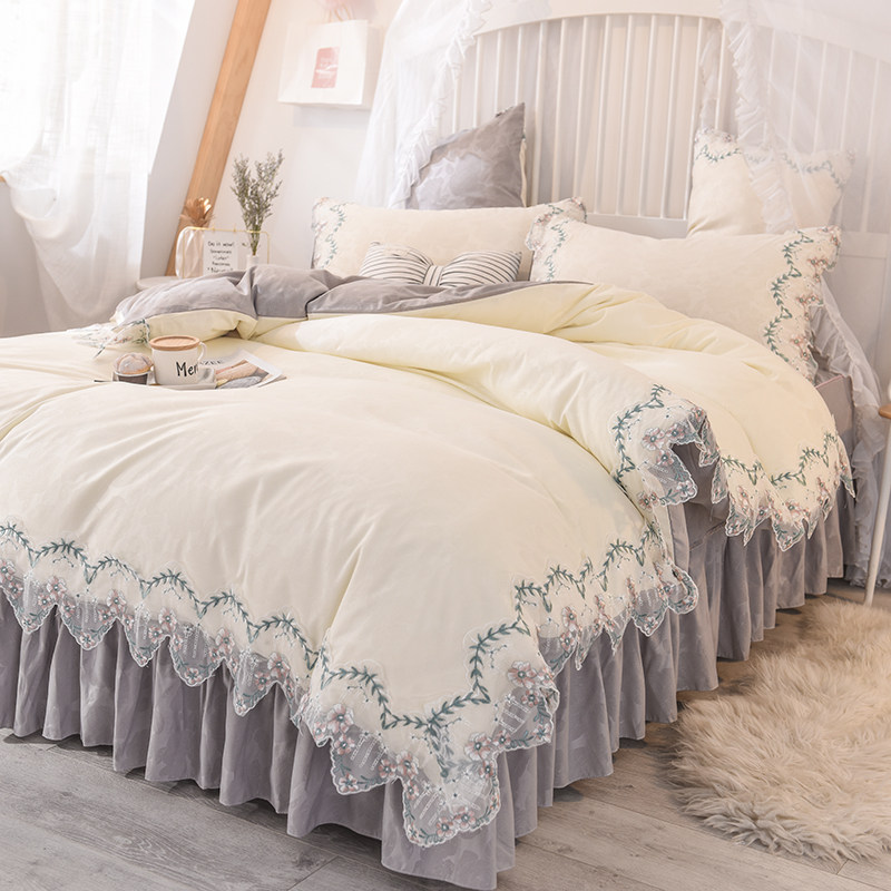Internet celebrity princess style pure cotton bed four-piece set girly heart lace bed skirt Korean version bed cover 1 8m bed set