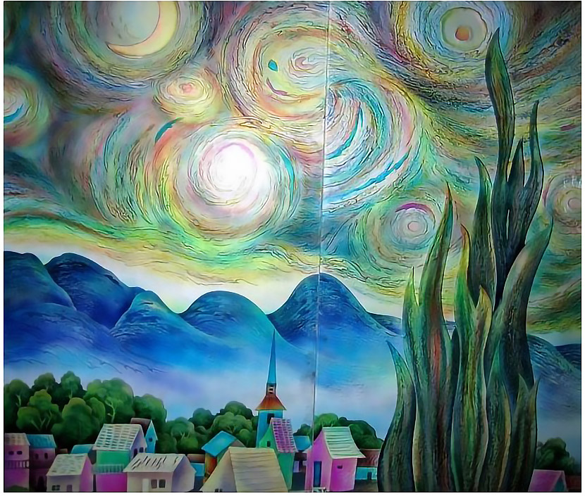 Custom carved art glass partition screen TV background wall abstract oil painting Van Gogh masterpiece banner starry sky