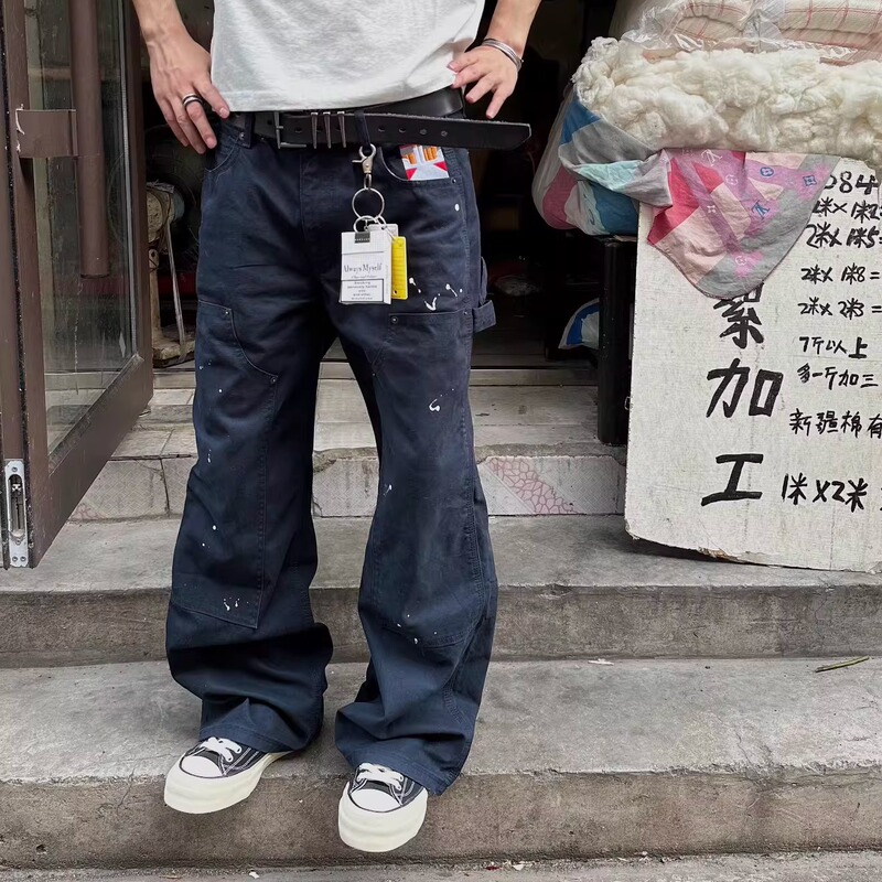No7Yan Double-Knee Splatter Ink Washed Cargo Pants Lumberjack Pants Straight Loose Wide-Leg Cleanfit Long Pants B01