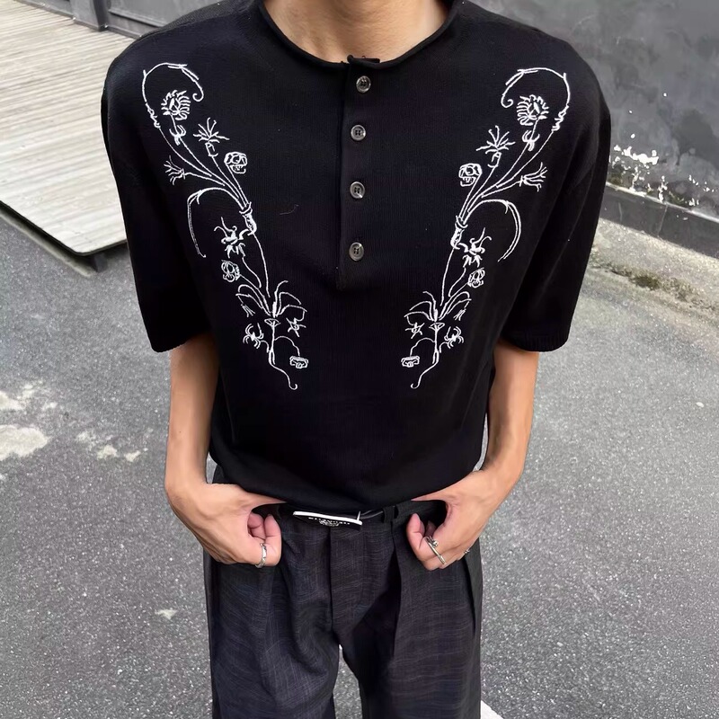 No7Yan Twig Floral White Floral Embroidered Knit Sweater Summer Round Neck Old Money New Money Short-Sleeve T-Shirt