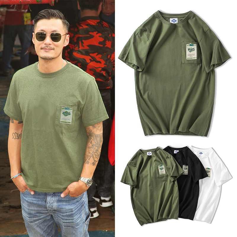 2020 mới Shawn Yue cotton nguyên chất ngắn tay áo thun nam thủy triều ins lỏng thủy triều thương hiệu cá tính thời trang túi xu hướng hoang dã - Áo phông ngắn