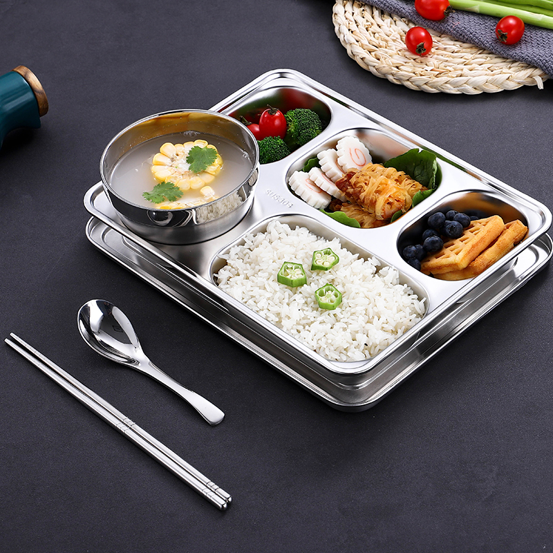 304 stainless steel Chinese-style dinner plate canteen meal plate divided lunch box rectangular four-grid plate adult home divided plate