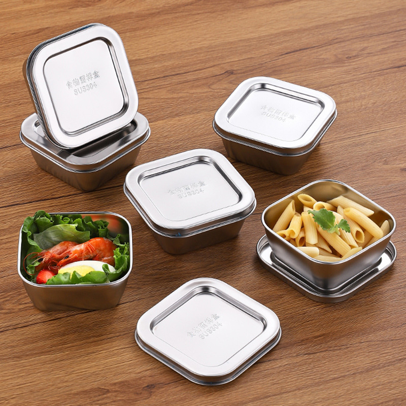 304 stainless steel box sample box with cover round box food special vegetable box kindergarten cafeteria retention square box