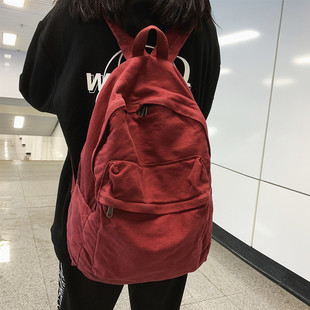 ins风书包女韩版高中学生日系复古帆布双肩包大学生古着感背包女