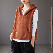 Retro Sweater Hooded Womens Vest Vest Knitted Spring and Autumn 2024 New Womens Waistcoat Stacking Top