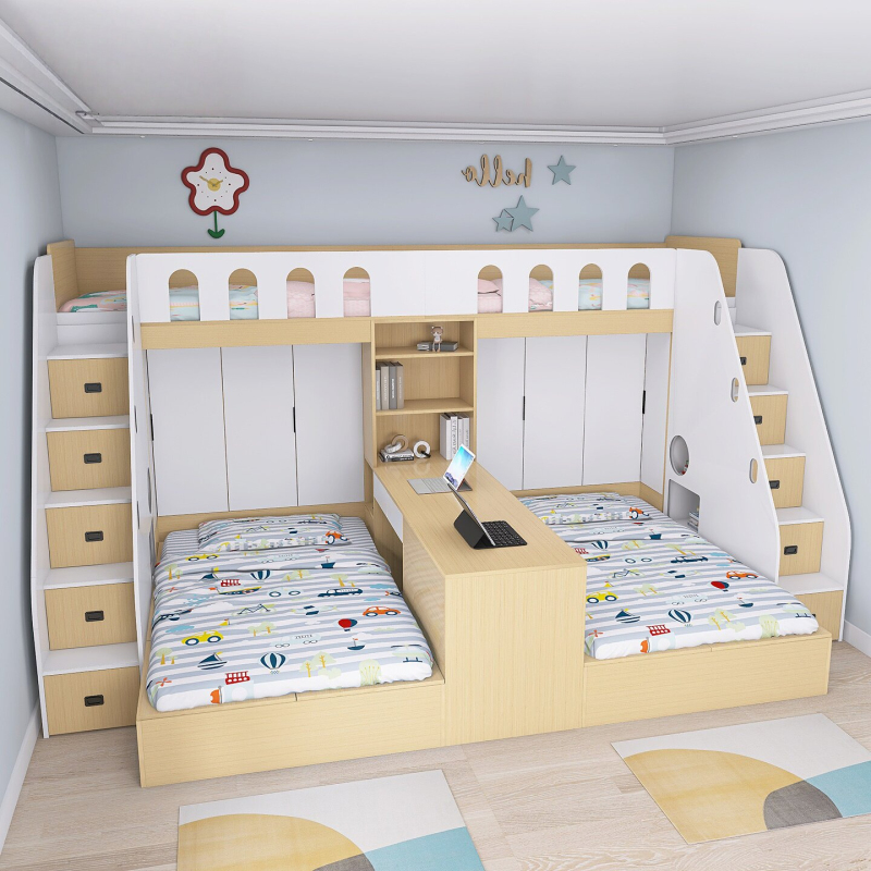 Small Apartment Staggered Bunk Bed with Four Beds, Multifunctional with Wardrobe and Desk Integrated, Bedroom High-Low Bunk Bed Small Apartment Staggered Bunk Bed with Four Beds, Multifunctional with Wardrobe and Desk Integrated, Bedroom High-Low Bunk Bed