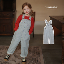 Yoonas mom girls Japanese classic striped overalls baby spring and autumn style pure cotton casual pants childrens pants trendy