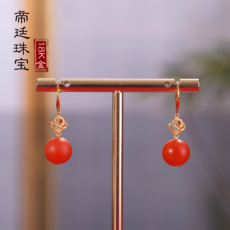 Серьги 耳畔的婉雅！正品天然保山南红18k真金镶嵌 南红圆珠 柿子红耳坠