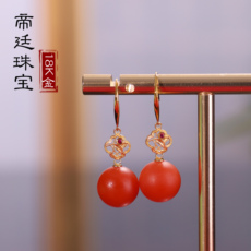 Серьги 耳畔的婉雅！正品天然保山南红18k真金镶嵌 南红圆珠 柿子红耳坠