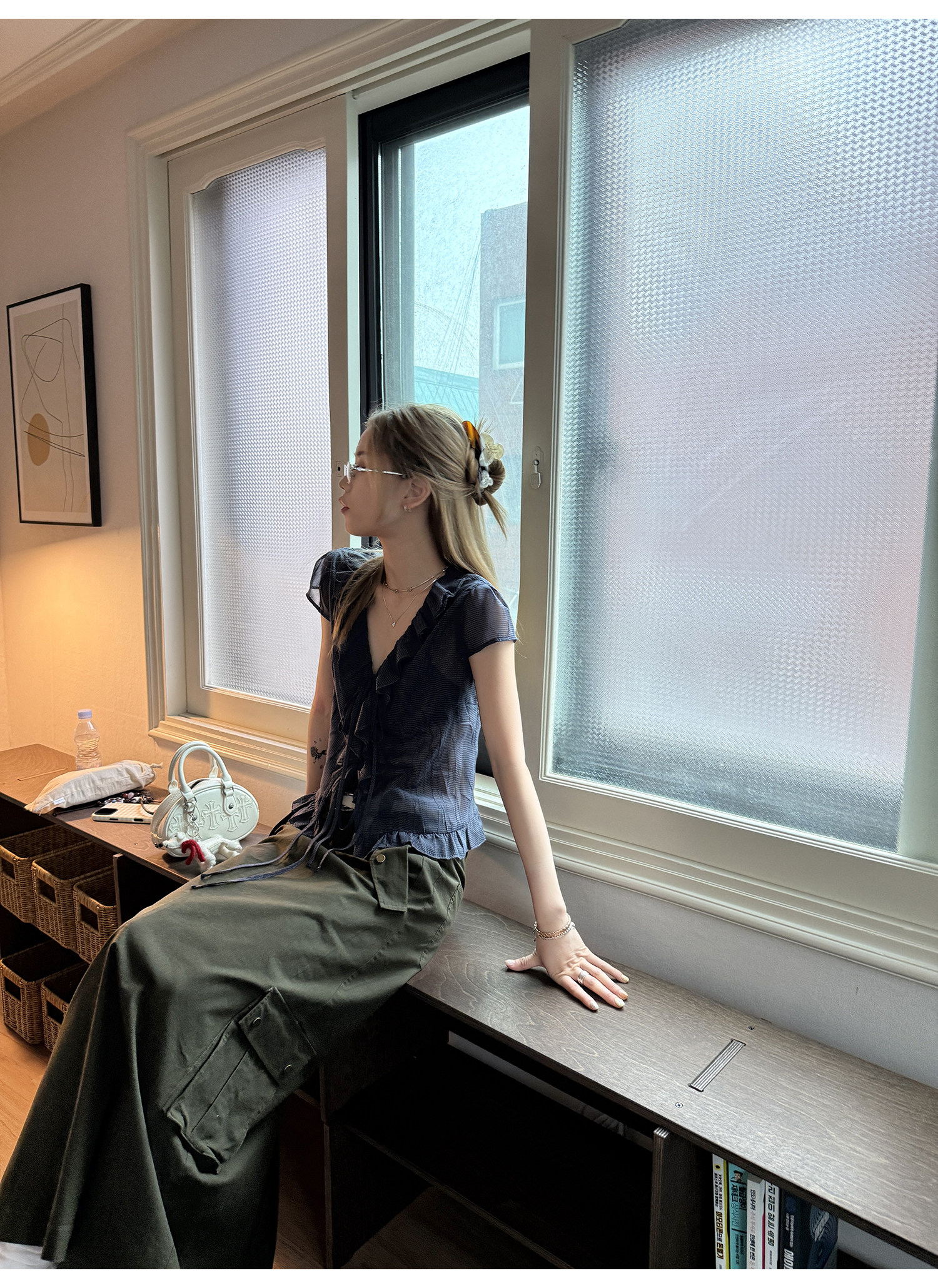 Рубашка с коротким рукавом с охлаждающим эффектом и помятым дизайном, серо-синяя клетчатая блузка, женская летняя одежда 2025