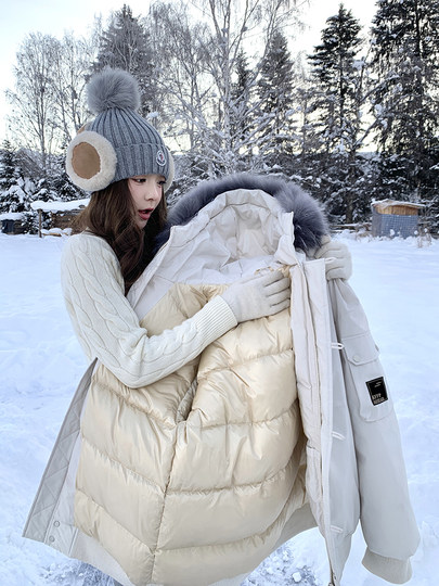 White Workwear-Style down Jacket for Women, 2025 Winter New Korean Style, Stylish Fur Collar Hooded Parka Goose down Jacket