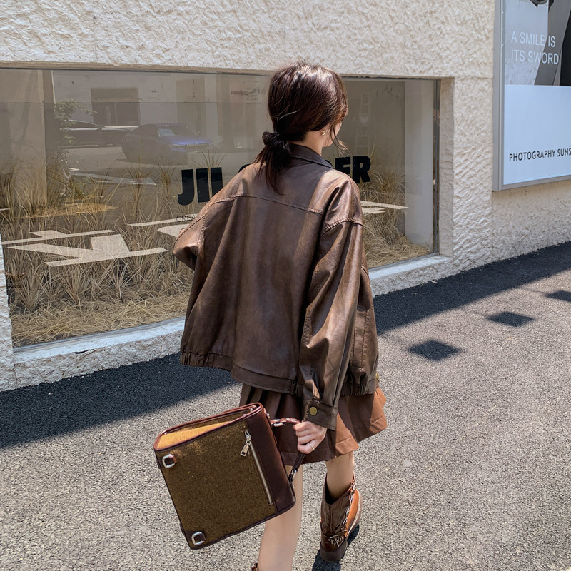 American Retro Street-Style Brown Pu Leather Jacket for Women, Spring and Autumn 2026 New Style, Petite and Stylish Biker Jacket Top