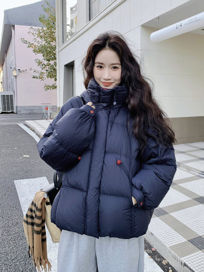 Navy Blue Short down Jacket for Women, 2025 Winter New Korean Style Casual Hooded 90% White Duck down Thickened Puffer Jacket