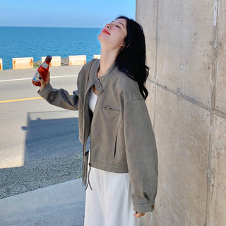 Gray Short Suede Jacket for Women 2025 Autumn New Style Petite yet Cool and Stylish High-End Short Jacket