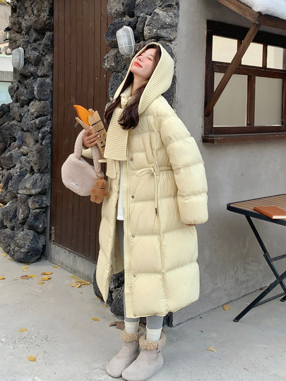 Korean style knitted hooded long down jacket for women winter 2025 new style non-bloated thickened warm white duck down jacket